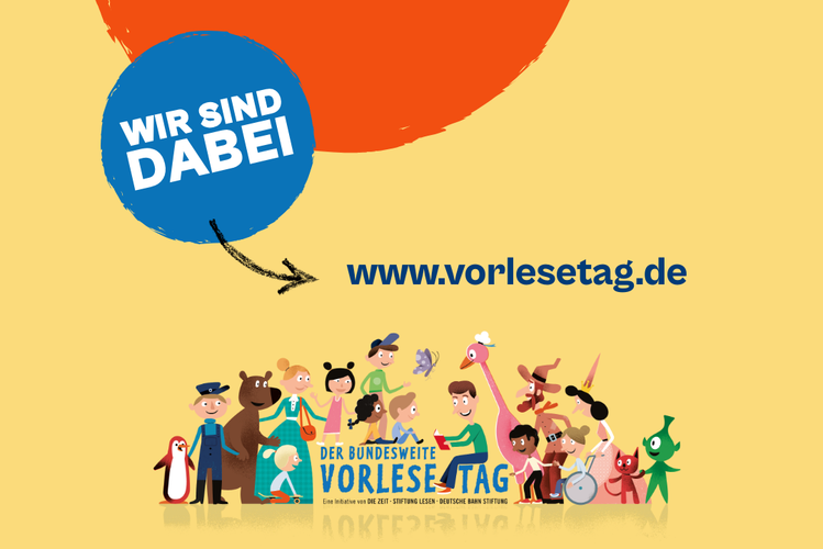 KI generiert: Buntes Plakat zum Vorlesetag mit Website www.vorlesetag.de und „Wir sind dabei“-Text.