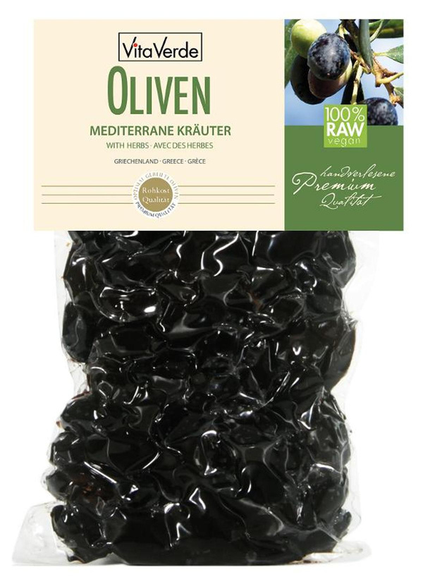 Produktfoto zu Oliven mediterran im Beutel, Rohkostqualität, mit mediterranen Kräutern und Knoblauch