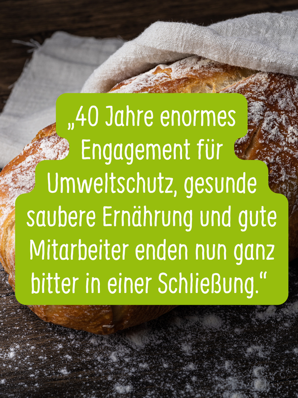 KI generiert: Ein Brot mit einem Zitat über Umweltschutz und Schließung: „40 Jahre enormes Engagement...enden in einer Schließung.“