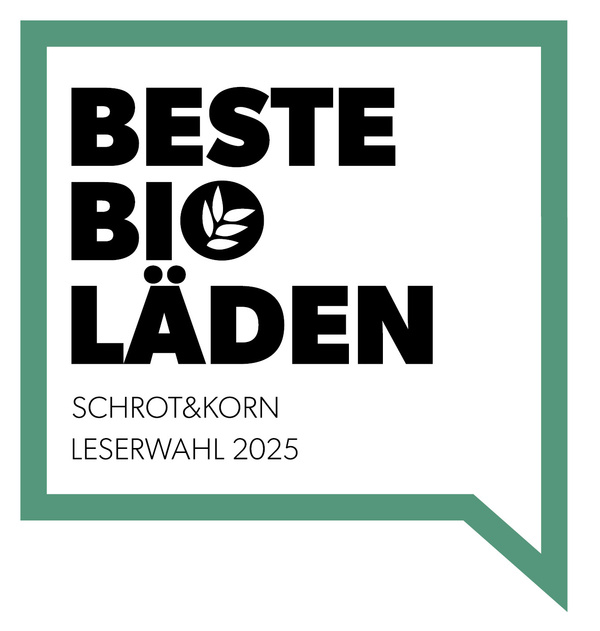KI generiert: Das Bild zeigt ein Logo mit der Aufschrift "BESTE BIO LÄDEN" im Rahmen eines grünen Sprechblasendesigns. Darunter steht "Schrot&Korn Leserwahl 2025".