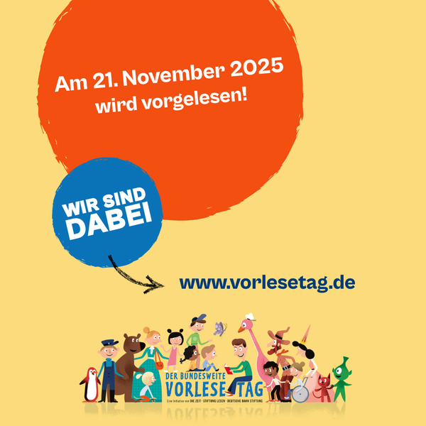 KI generiert: Buntes Plakat für den Vorlesetag am 21. November 2025. Text: "www.vorlesetag.de".