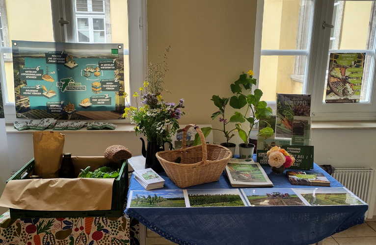 KI generiert: Ein Tisch mit Pflanzen, Broschüren und einem Plakat über Nachhaltigkeitsprinzipien.