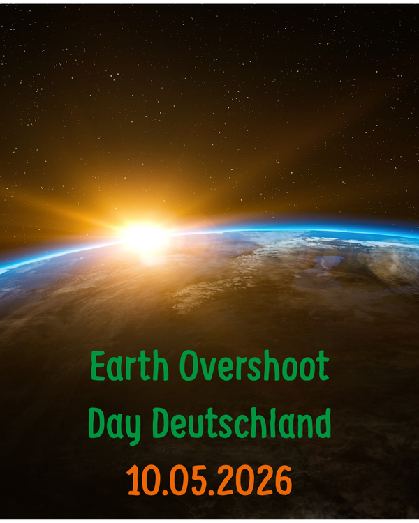 KI generiert: Sonnenaufgang über der Erde mit dem Text: "Earth Overshoot Day Deutschland 10.05.2026".