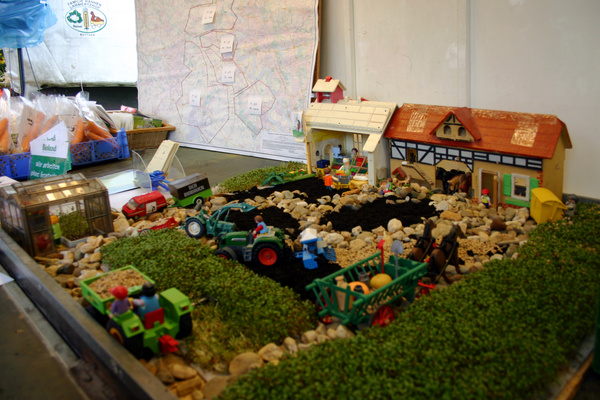 KI generiert: Miniaturbauernhof-Modell mit Spielzeugtraktoren und Figuren, im Hintergrund eine Karte. Hauptthema: Landwirtschaft.
