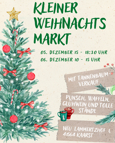 KI generiert: Weihnachtsmarkt-Plakat mit Weihnachtsbaum, Deko und Details zur Veranstaltung am 5. und 6. Dezember.