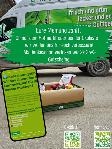 KI generiert: Ein Transporter, Obstkiste und Text zur Umfrage: "Eure Meinung zählt! ... Als Dankeschön verlosen wir 2x 25€-Gutscheine."