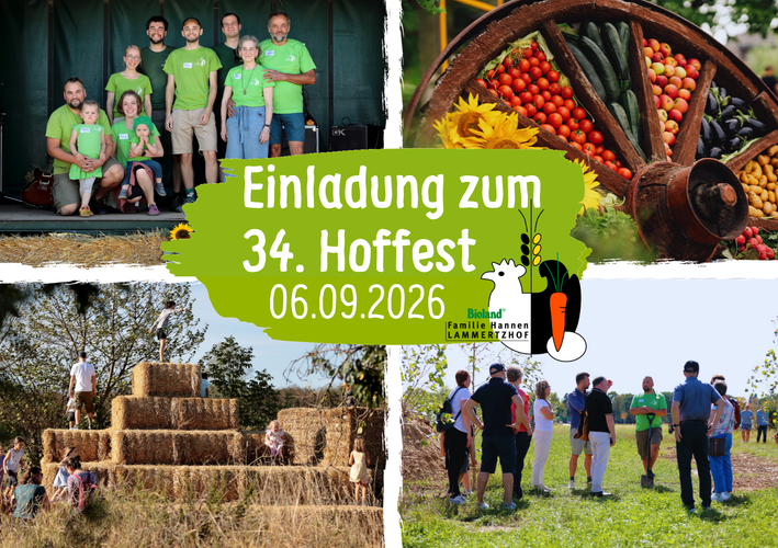 KI generiert: Einladung zum 34. Hoffest am 06.09.2026 mit Bildern von Menschen, Stroh und Gemüse.