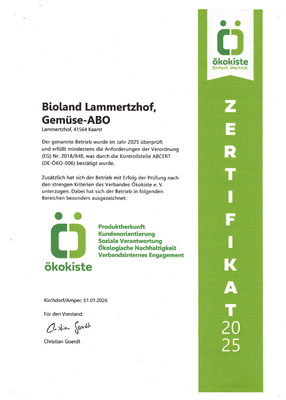 KI generiert: Zertifikat für Bioland Lammertzhof, Gemüse-ABO, nach Ökokiste-Kriterien.