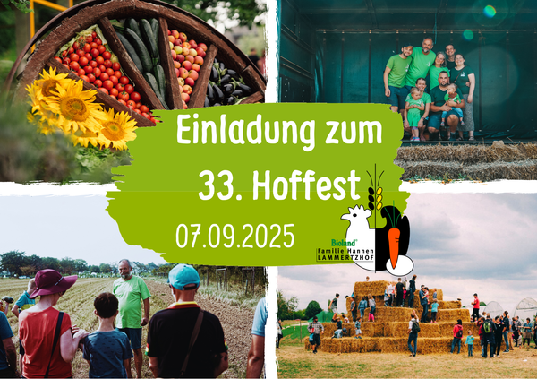 KI generiert: Einladung zum 33. Hoffest am 07.09.2025; Bilder von Ernte, Menschen und Heuballen.