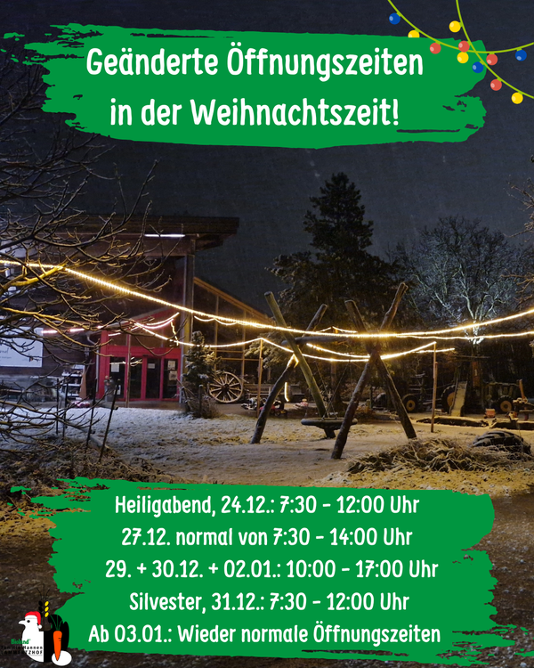 KI generiert: Ein verschneiter Hof, Weihnachtsbeleuchtung. Text: "Geänderte Öffnungszeiten in der Weihnachtszeit..."