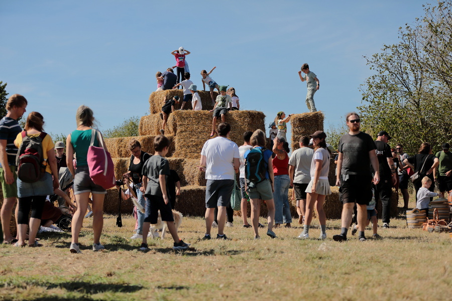 KI generiert: Menschen spielen und klettern auf Strohballen im Freien bei sonnigem Wetter.