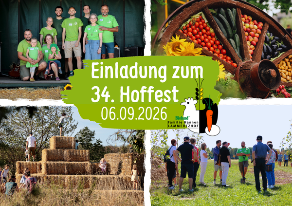 KI generiert: Einladung zum 34. Hoffest am 06.09.2026 mit Familienfotos, Erntebildern und Heuhaufen.