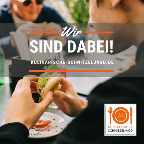 KI generiert: Personen essen Sandwiches; Text: "Wir sind dabei! kulinarische-schnitzeljagd.de".