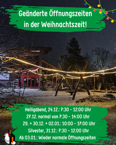 KI generiert: Winterliche Szene mit Weihnachtslichtern. Text über geänderte Öffnungszeiten während der Weihnachtszeit.