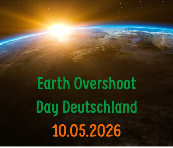 KI generiert: Sonnenaufgang über der Erde, Text: "Earth Overshoot Day Deutschland 10.05.2026".