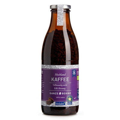 Produktfoto zu b*Hochlandkaffee ganze Bohne, bioladen, Mehrweg, Pfandglas bitte zurückgeben